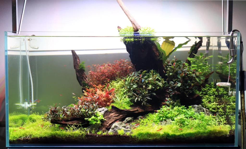 Aquascape with malaysian driftwood, plants, and red cherry shrimp