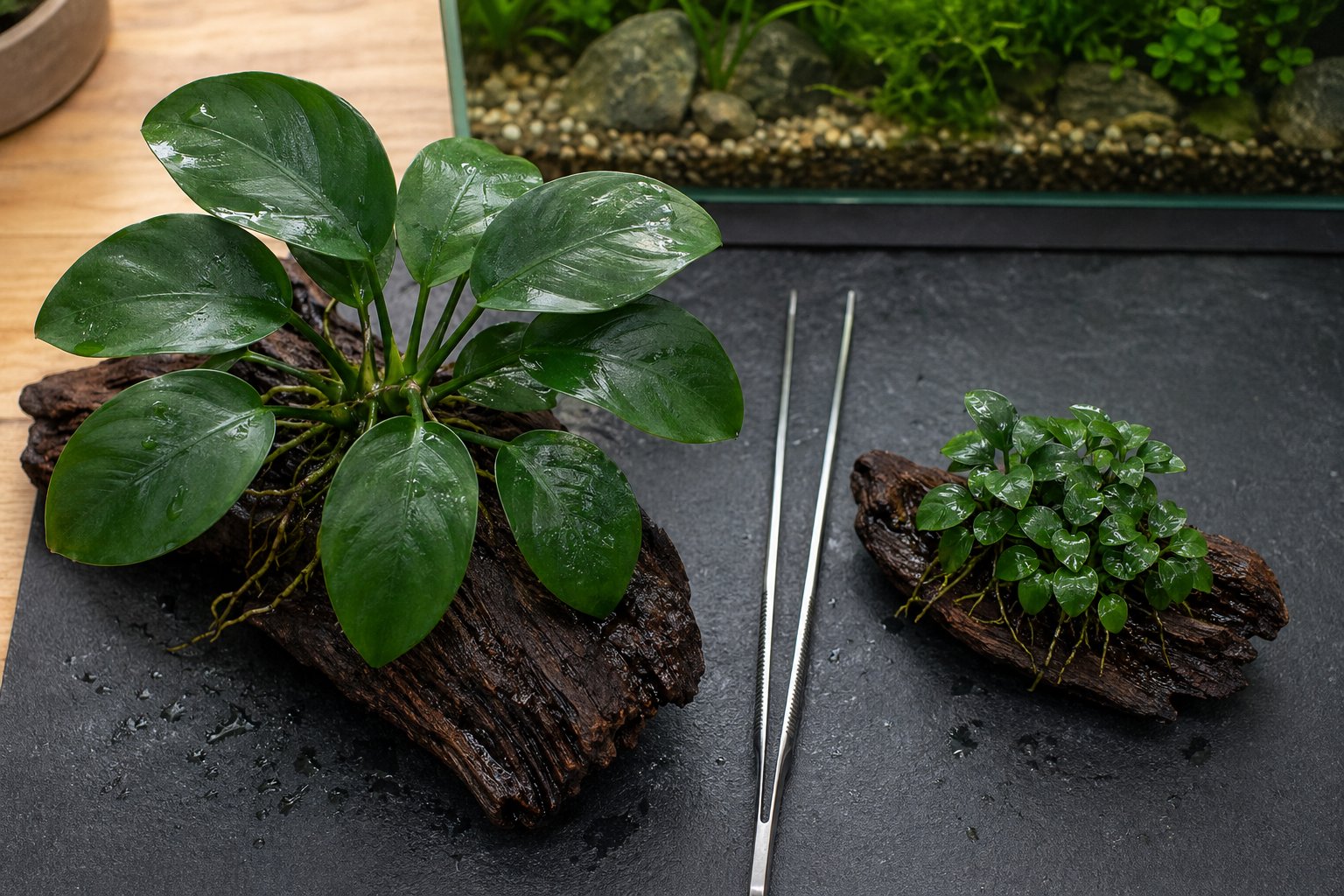 anubias nana and anubias nana petite out of water compared side by side